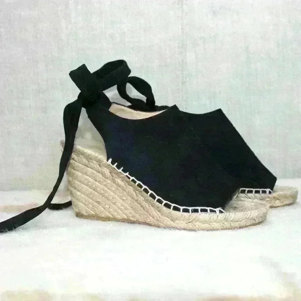 Etienne Aigner Espadrille Lace Up Ankle Strap Black Suede Open Toe Sandal 6
